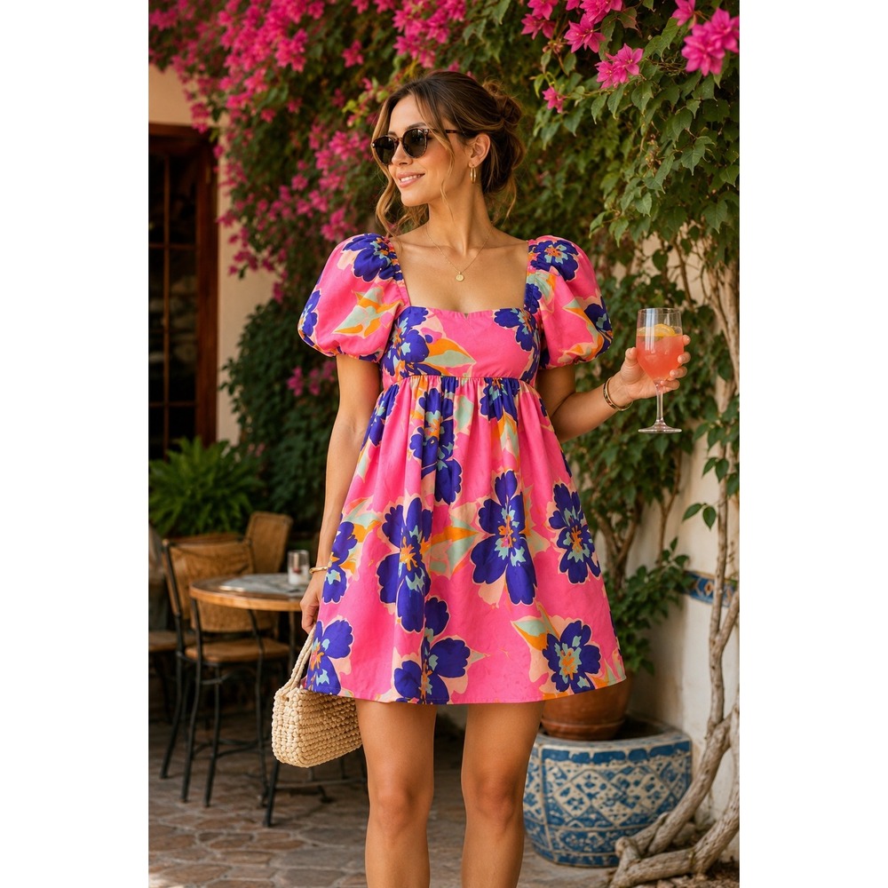 Rosevelvet Floral Puff Sleeve Mini Dress Boho Festival Summer Beachy Resort Sz L